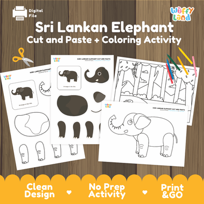 Sri Lankan Elephant Cut and Paste Craft and Coloring Activity Worksheets