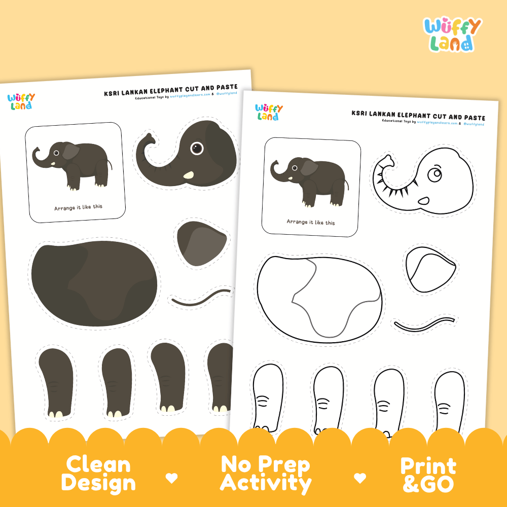Sri Lankan Elephant Cut and Paste Craft and Coloring Activity Worksheets