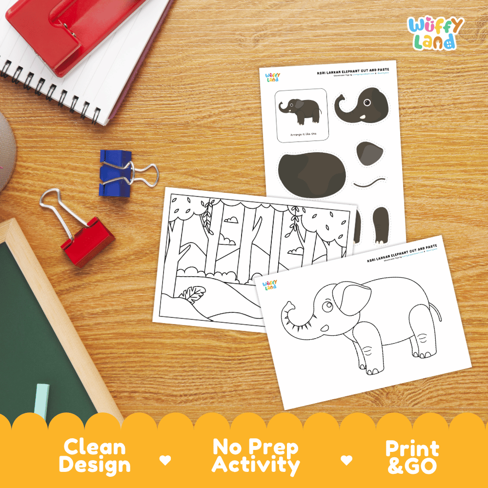 Sri Lankan Elephant Cut and Paste Craft and Coloring Activity Worksheets