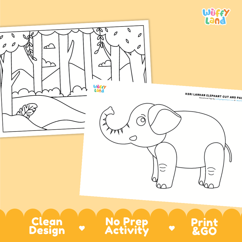 Sri Lankan Elephant Cut and Paste Craft and Coloring Activity Worksheets