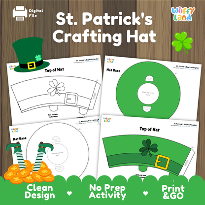 St. Patrick's Day crafting hat cover showing printable wearable top hat templates and assembly pieces