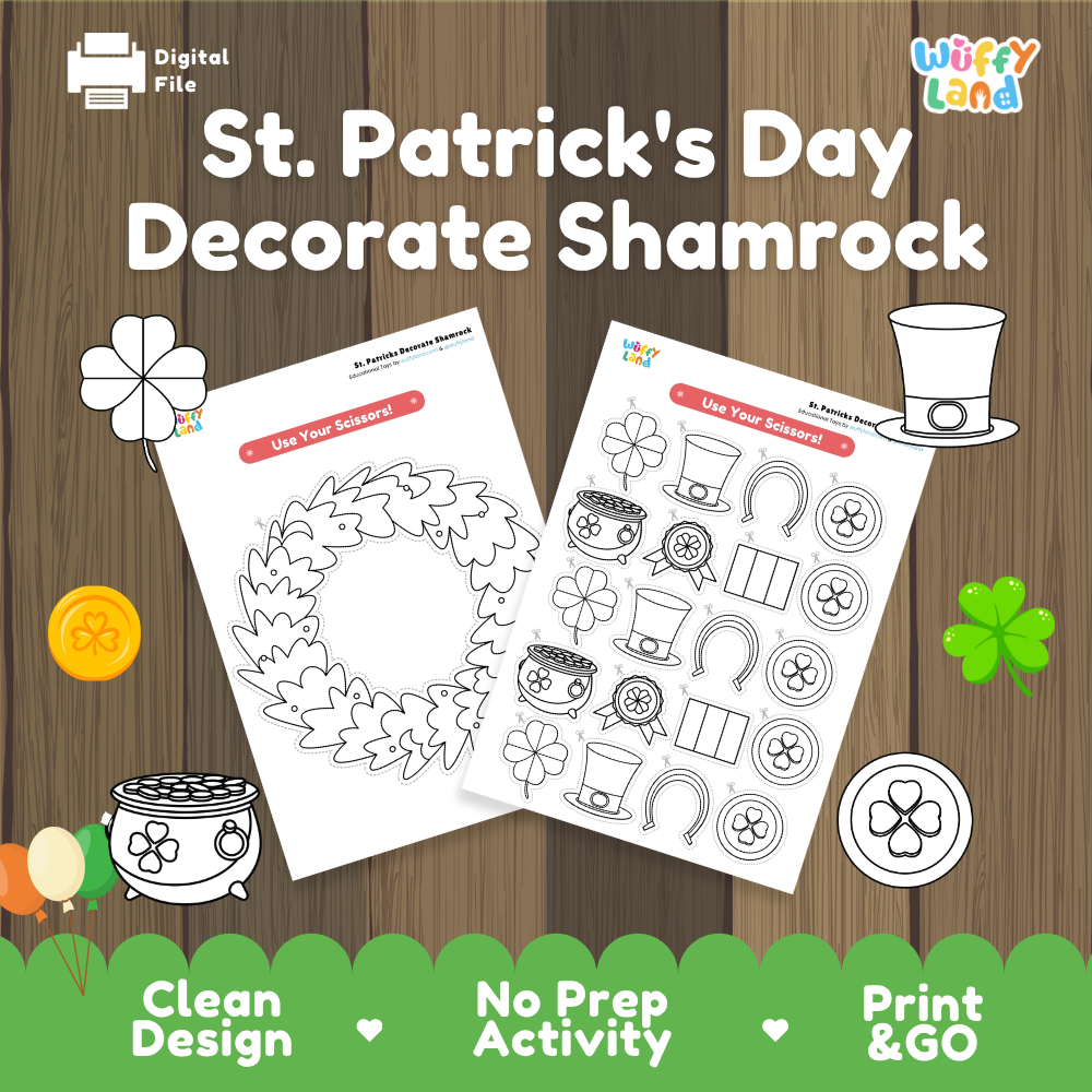 St. Patrick's Day decorate shamrock craft cover showing printable wreath base and cut-out holiday icons
