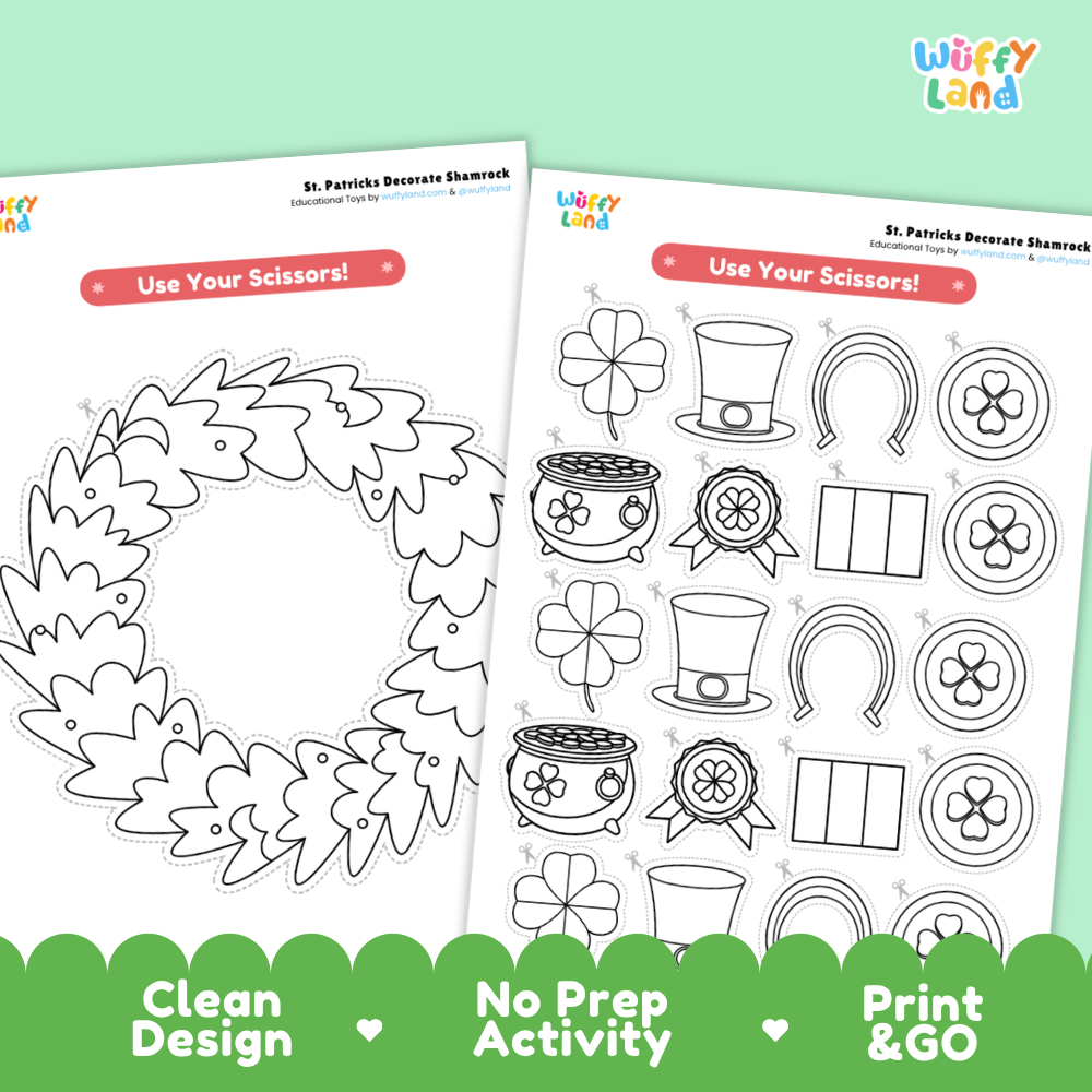 Close-up of printable outline templates featuring top hats, pots of gold, horseshoes, and shamrocks