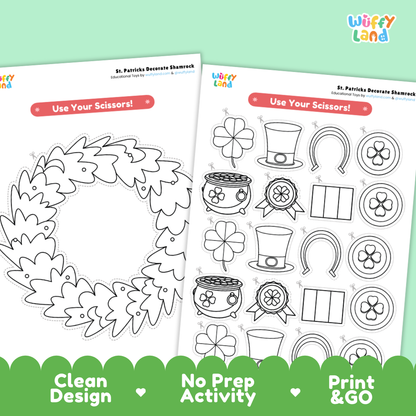 Close-up of printable outline templates featuring top hats, pots of gold, horseshoes, and shamrocks
