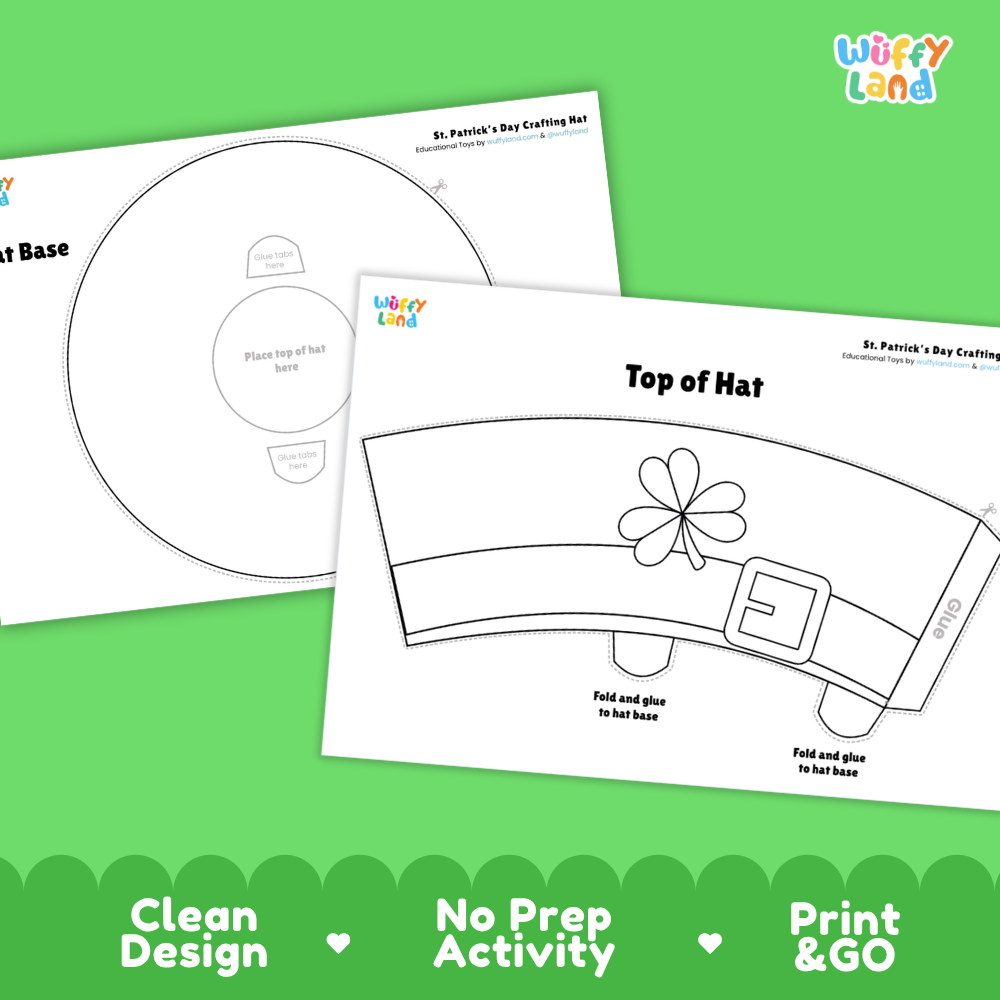 Full-color green top hat crafting templates featuring clear glue tabs and fold lines for easy assembly