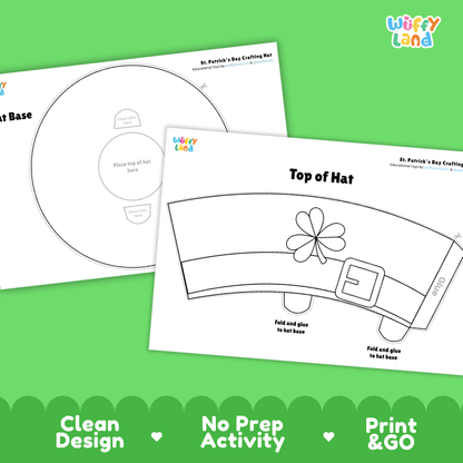 Full-color green top hat crafting templates featuring clear glue tabs and fold lines for easy assembly