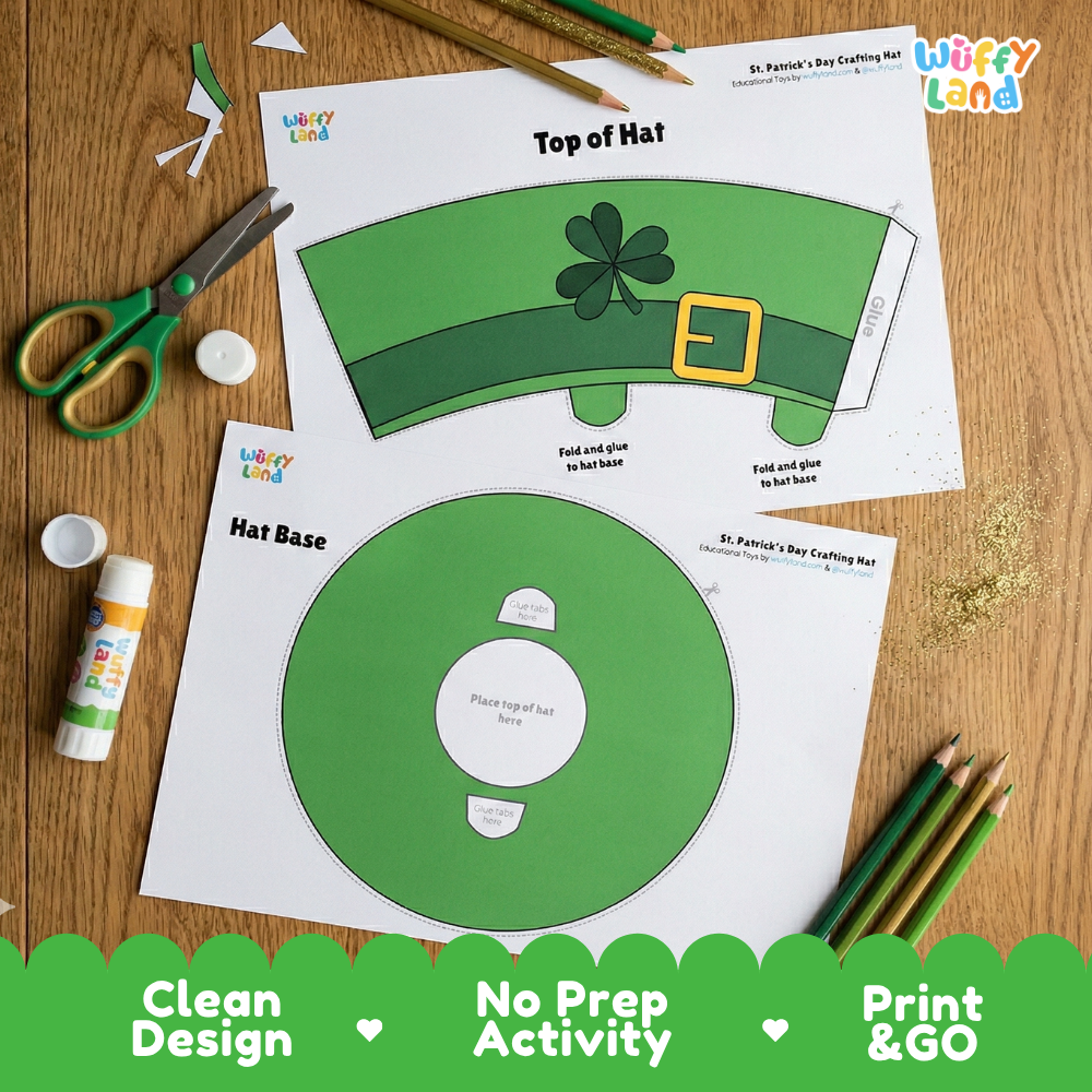 Printable craft sheets showing top hat band templates with shamrock and buckle alongside circular hat bases