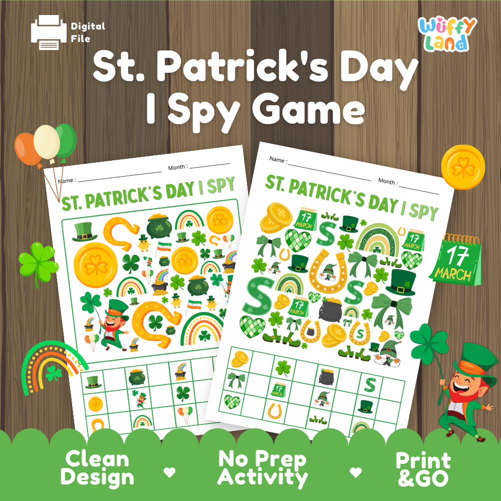 St. Patrick's Day I Spy game cover showing printable search worksheets featuring leprechauns, gold coins, and shamrocks