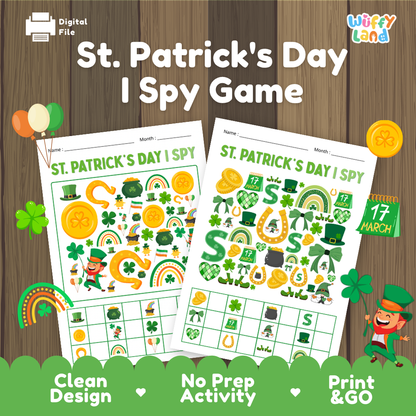 St. Patrick's Day I Spy game cover showing printable search worksheets featuring leprechauns, gold coins, and shamrocks