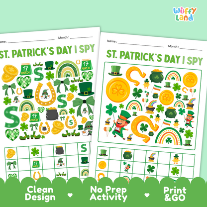 Close-up of playful holiday illustrations including top hats, rainbows, pots of gold, and a dancing leprechaun