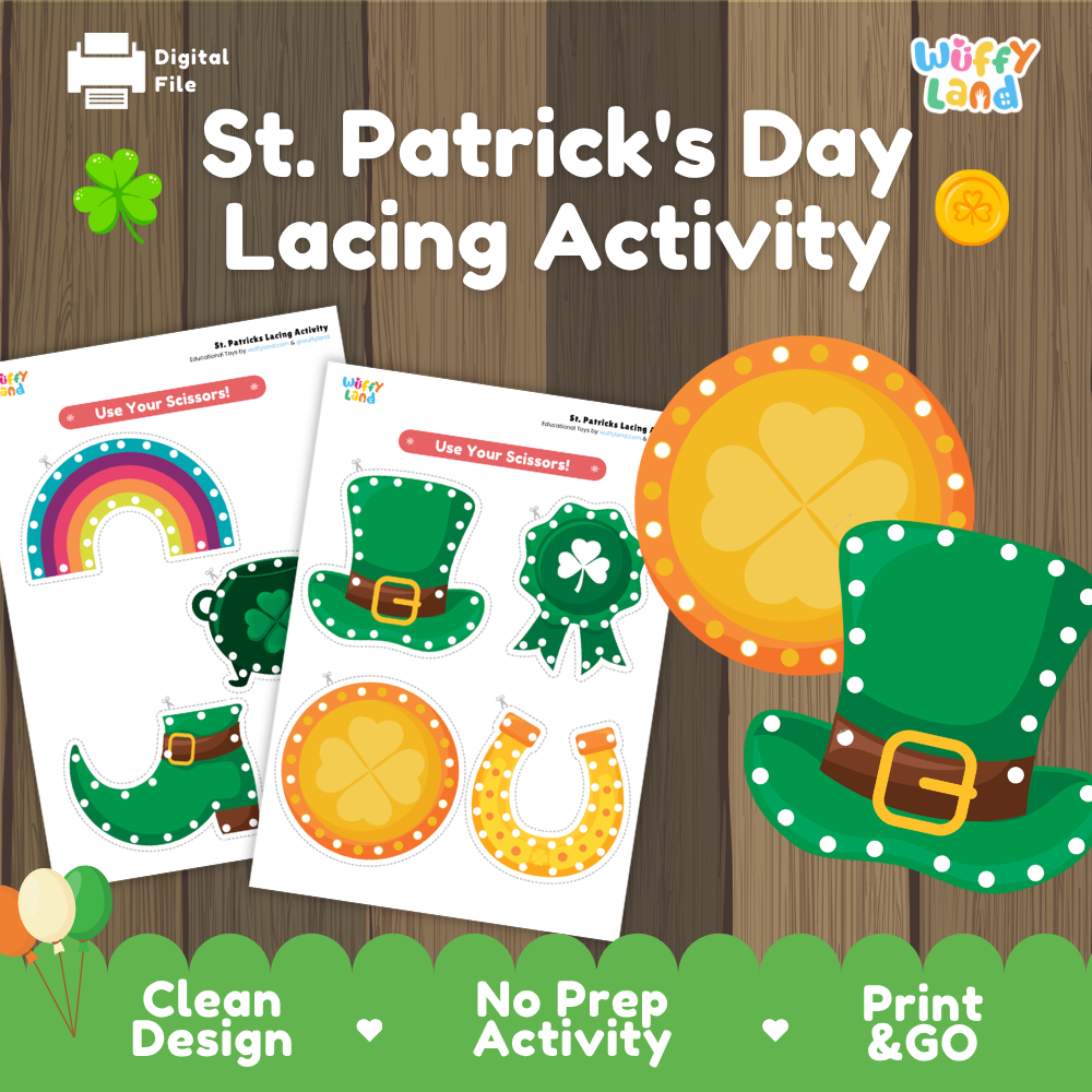 St. Patrick's Day lacing activity cover showing printable threading cards featuring rainbows, top hats, and gold coins