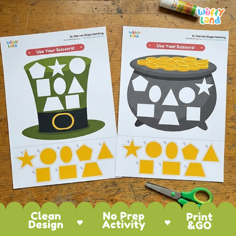 Printable shape matching sheet showing a pot of gold board with geometric shape outlines and bottom cut-out tokens