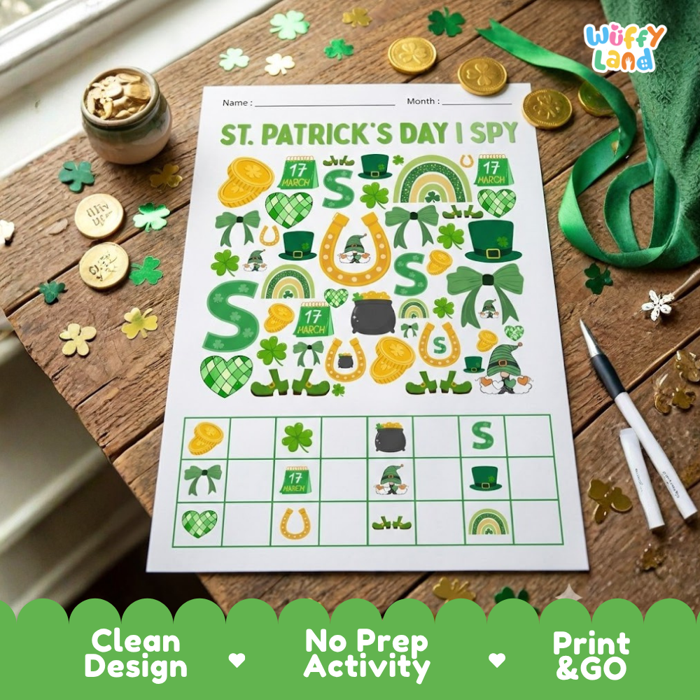 Printable I Spy activity sheet showing festive St. Patrick's Day icons and bottom counting tally boxes
