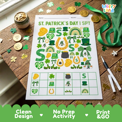 Printable I Spy activity sheet showing festive St. Patrick's Day icons and bottom counting tally boxes