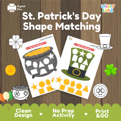St. Patrick's Day shape matching activity cover showing printable pot of gold and top hat shape sorting worksheets