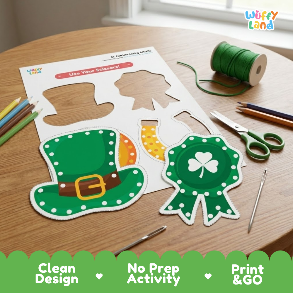 Printable lacing activity sheets showing cut-out guides and punched-hole borders on holiday icons
