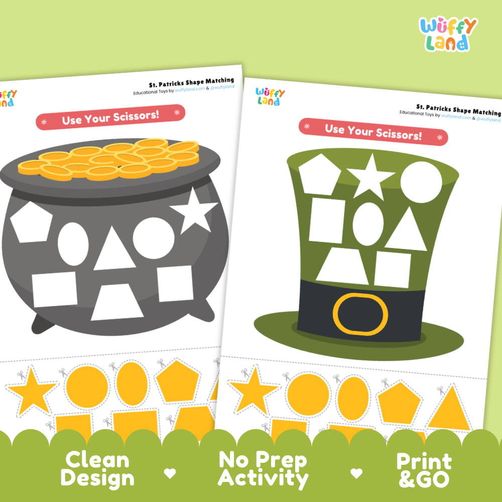 Printable shape sorting sheet featuring a green top hat mat with star, circle, triangle, and square matching slots