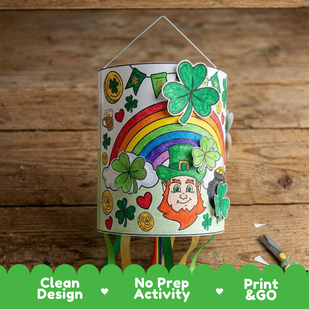 Printable windsock coloring template featuring leprechaun, rainbow, pot of gold, and banner illustrations