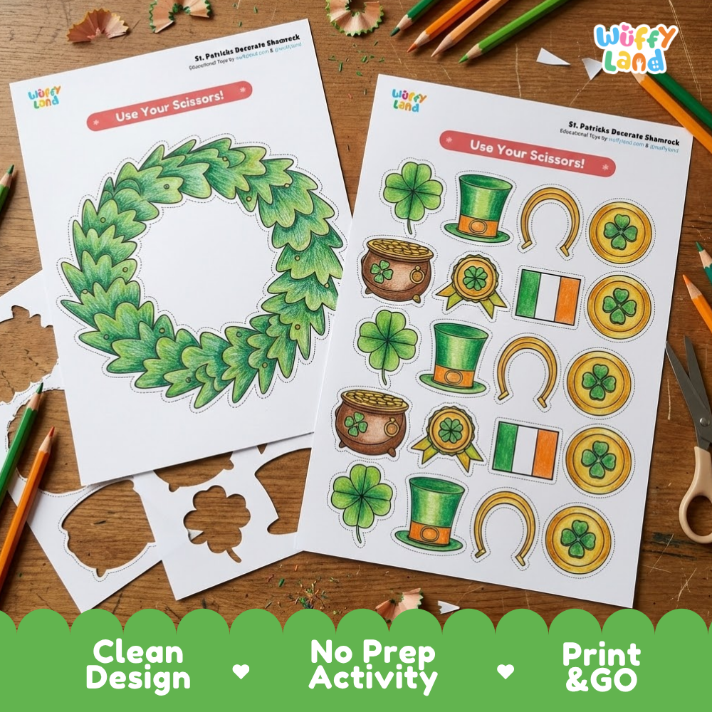 Printable craft sheets showing blank wreath outline and black-and-white cut-and-paste St. Patrick's Day symbols