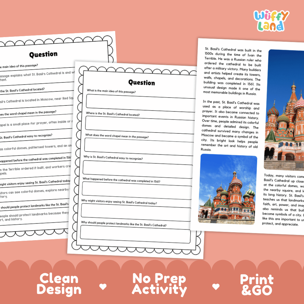 St. Basil's Cathedral Landmark Reading Passages and Comprehension Worksheets