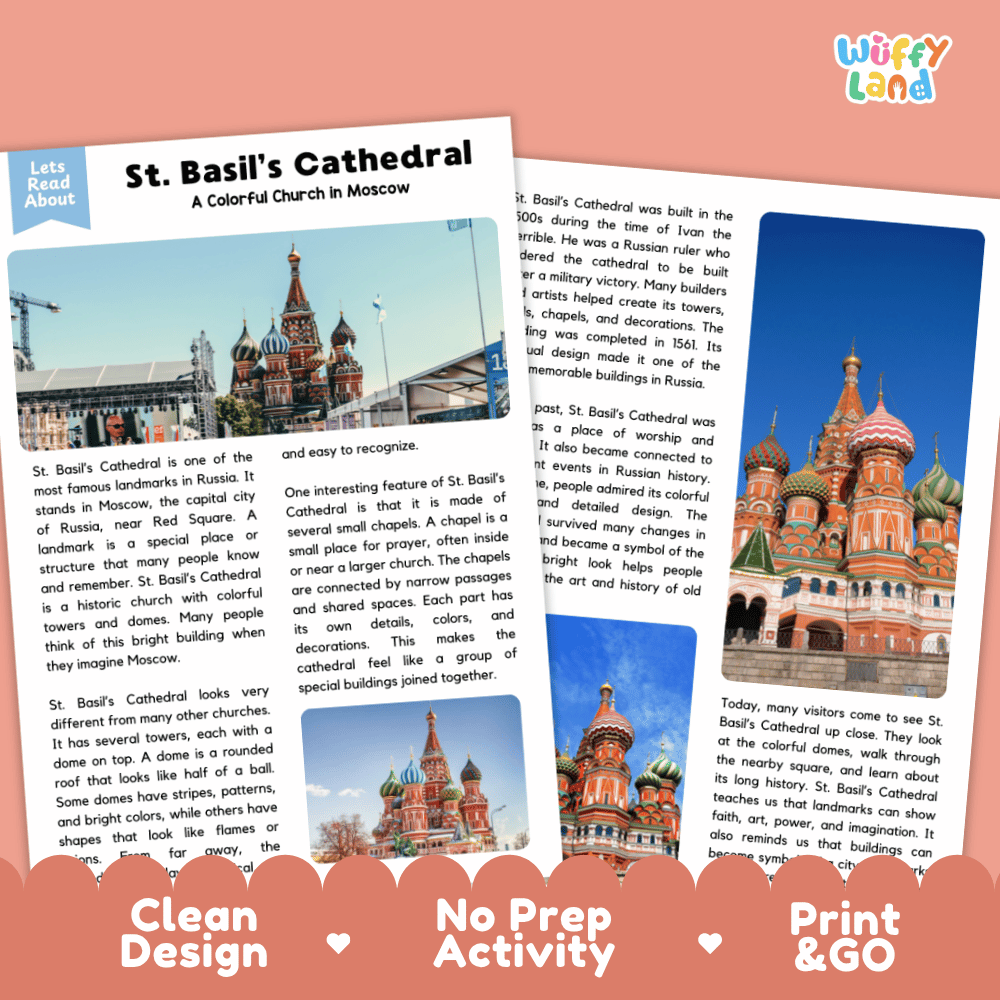 St. Basil's Cathedral Landmark Reading Passages and Comprehension Worksheets