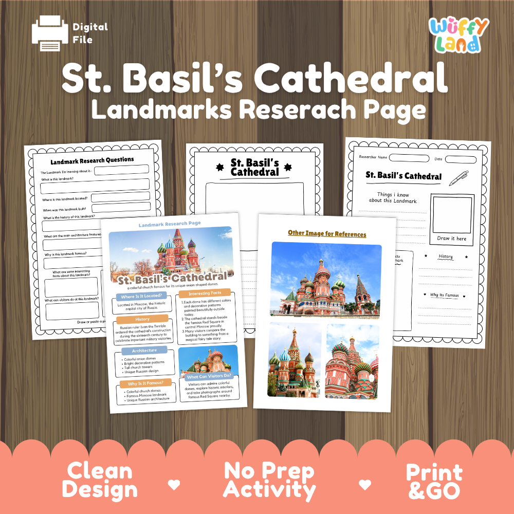 Digital preview of a St. Basil's Cathedral landmarks research page activity sheet set on a wood background, with the title 'St.