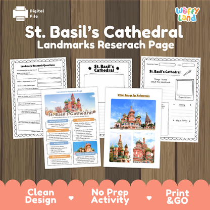 Digital preview of a St. Basil's Cathedral landmarks research page activity sheet set on a wood background, with the title 'St.