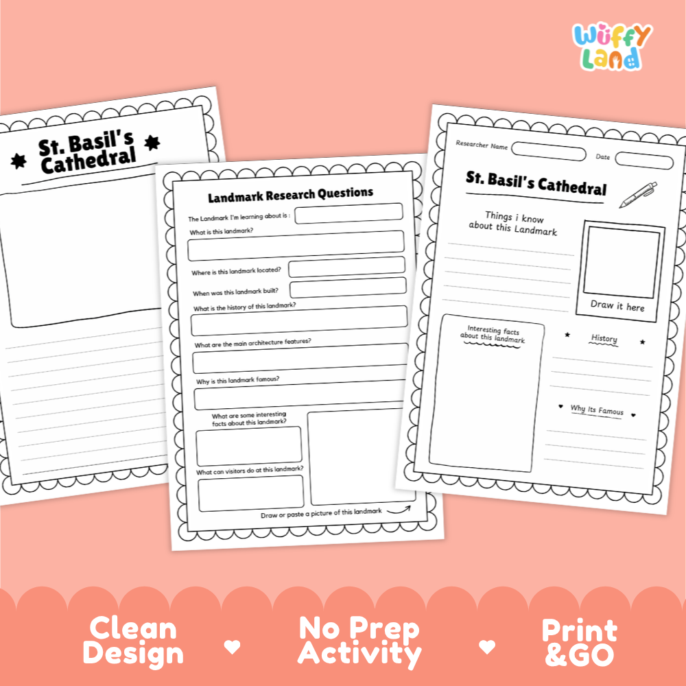 Three printable worksheet pages for St. Basil's Cathedral activity sheets arranged on a peach background with decorative scalloped borders and marketing text at the bottom.
