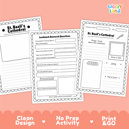 Three printable worksheet pages for St. Basil's Cathedral activity sheets arranged on a peach background with decorative scalloped borders and marketing text at the bottom.