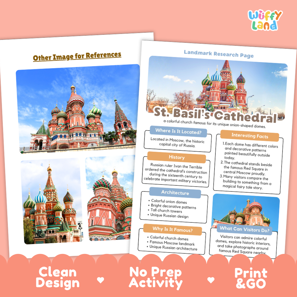 A children's educational activity sheet about St. Basil's Cathedral in Moscow, shown alongside a sample photo of the cathedral.