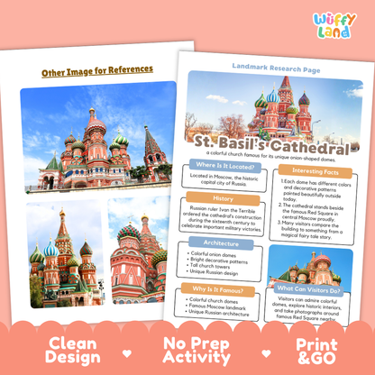 A children's educational activity sheet about St. Basil's Cathedral in Moscow, shown alongside a sample photo of the cathedral.