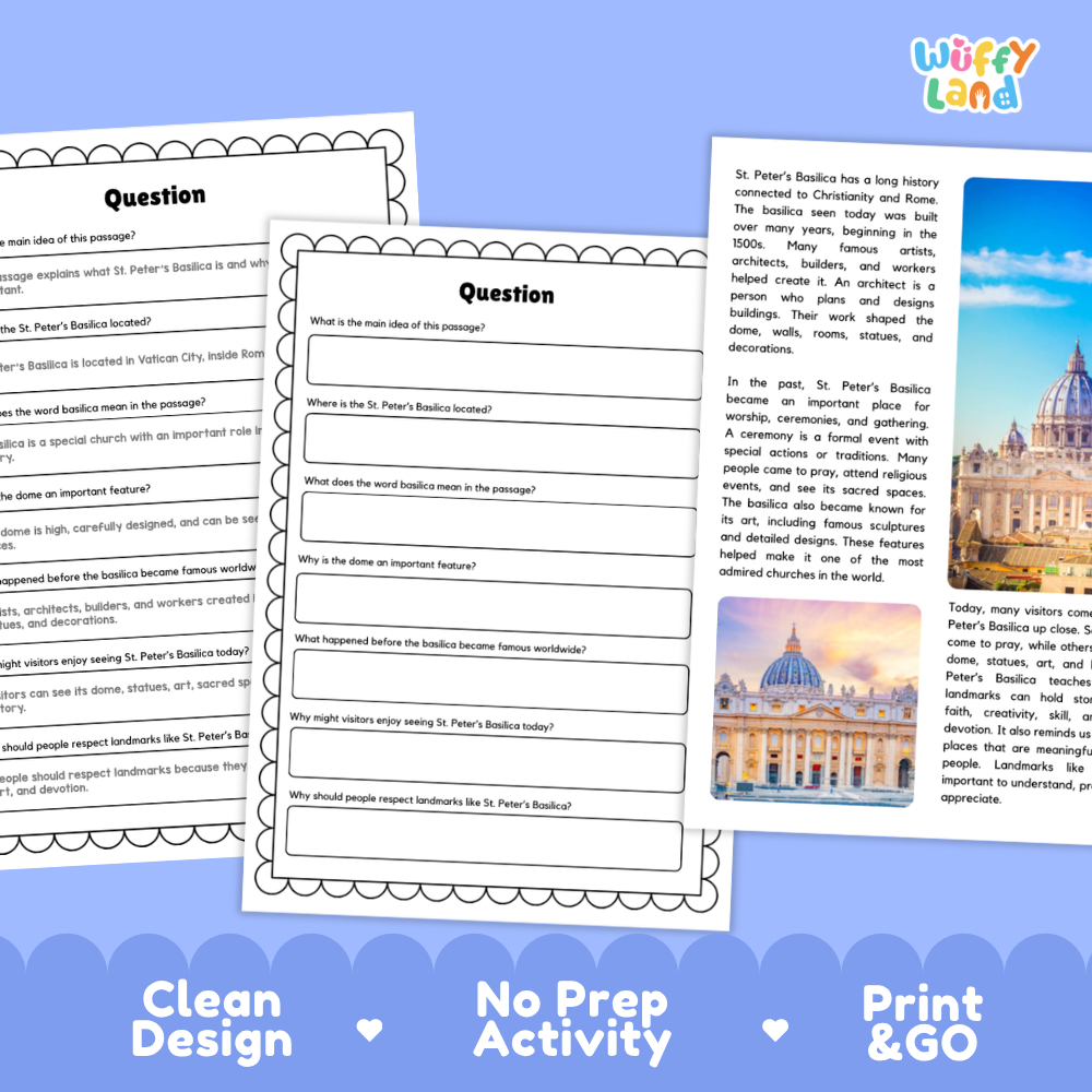 St. Peter's Basilica Landmark Reading Passages and Comprehension Questions Worksheets