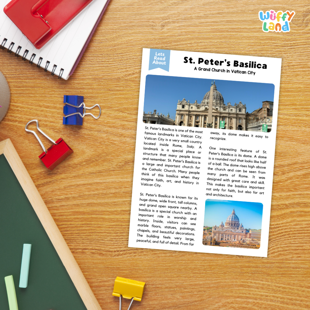 A printed educational poster titled 'St. Peter's Basilica: A Grand Church in Vatican City' laid on a desk with notebooks, binder clips, and colored paper around it.