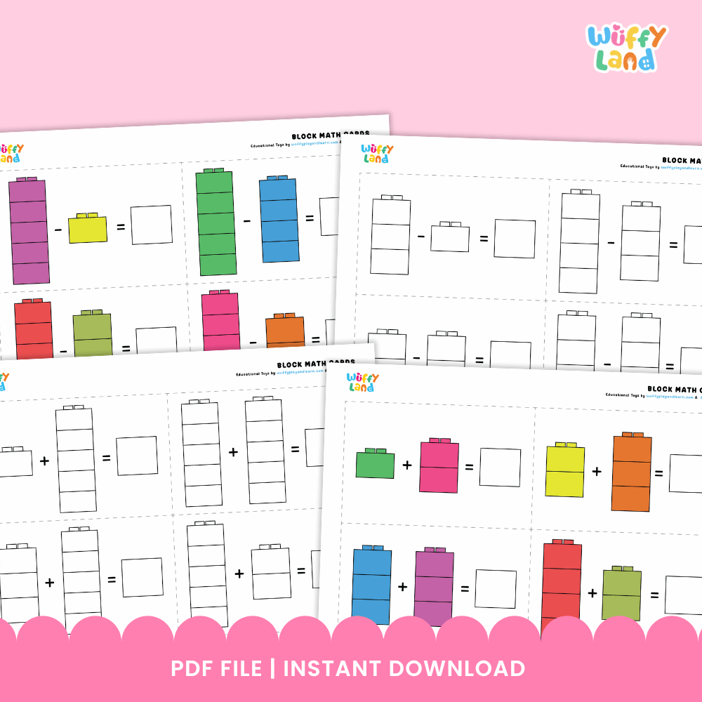 Printable math task cards showing stacked toy building blocks with plus signs and blank answer boxes ➕🧱