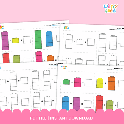 Printable math task cards showing stacked toy building blocks with plus signs and blank answer boxes ➕🧱