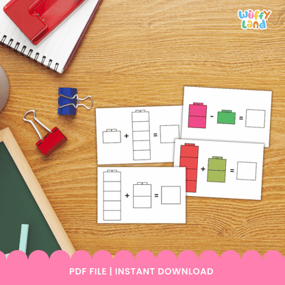 Printable subtraction activity cards featuring blue pink and green toy block towers with minus signs for early learners ➖🧩