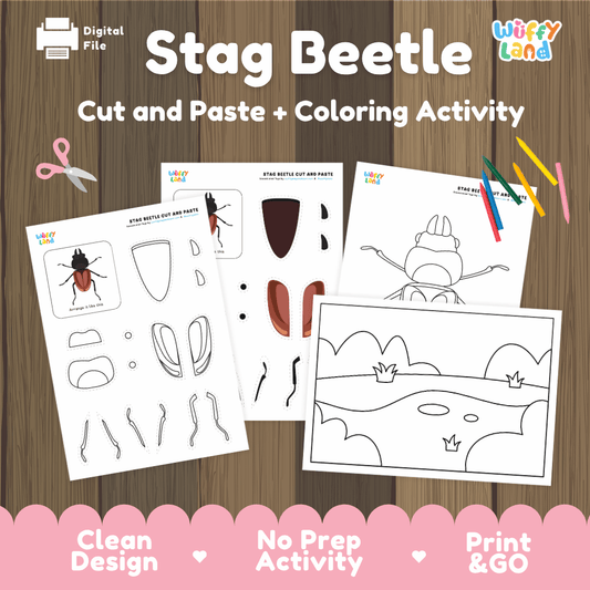 Stag Beetle Cut and Paste Craft and Coloring Activity Worksheets