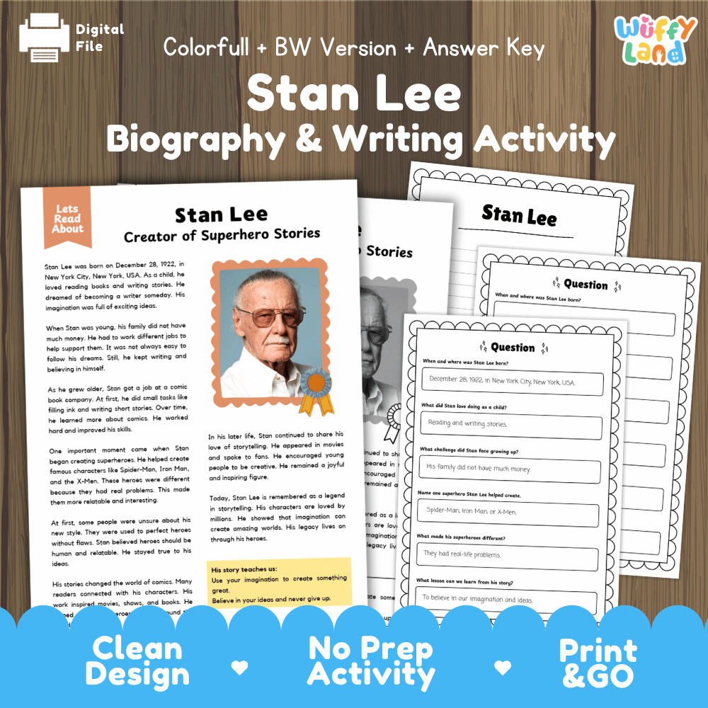 Digital activity sheet bundle for 'Stan Lee Biography & Writing Activity' by Uffy Land, featuring printable pages with text, a portrait, and writing prompts on a wood background with a blue banner at the bottom.