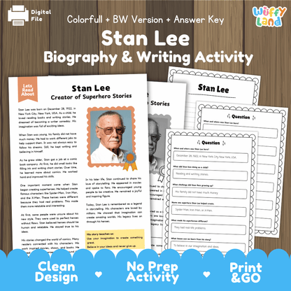 Digital activity sheet bundle for 'Stan Lee Biography & Writing Activity' by Uffy Land, featuring printable pages with text, a portrait, and writing prompts on a wood background with a blue banner at the bottom.