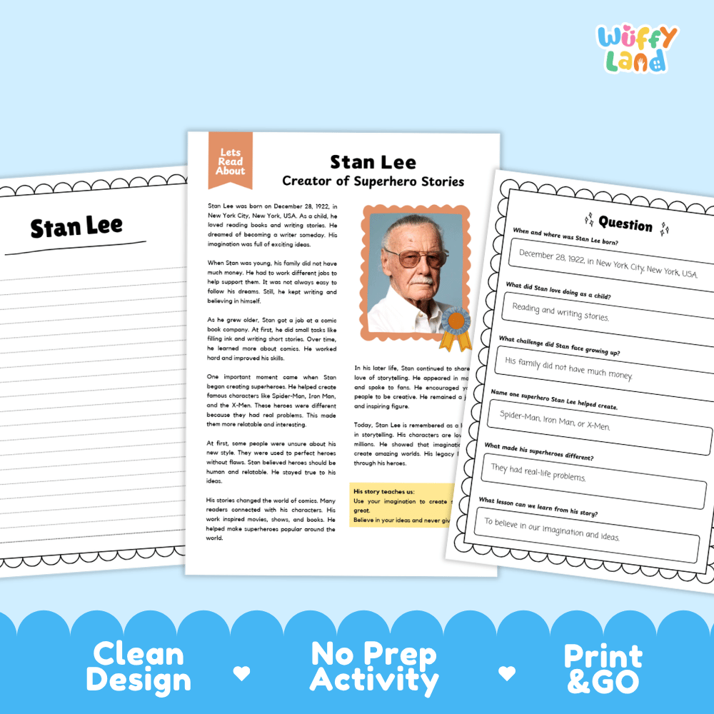 Three printable educational activity sheets about Stan Lee are shown on a light blue background with a blue wave banner at the bottom. The center sheet is the main focus, with two additional sheets partially visible behind it.