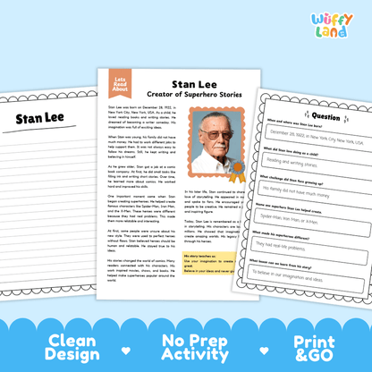 Three printable educational activity sheets about Stan Lee are shown on a light blue background with a blue wave banner at the bottom. The center sheet is the main focus, with two additional sheets partially visible behind it.