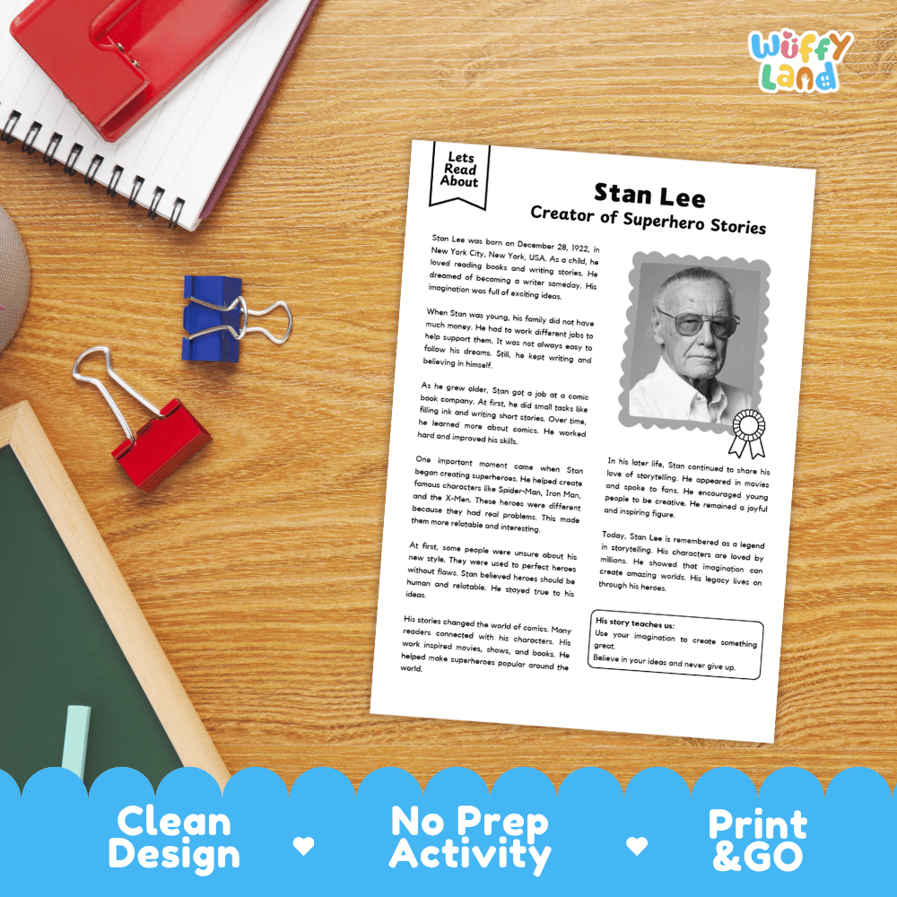 An educational activity sheet about Stan Lee is displayed on a wooden desk with a blue scalloped banner at the bottom reading 'Clean Design', 'No Prep Activity', and 'Print & GO'. The sheet includes a photo of Stan Lee and text about his contributions to superhero stories.