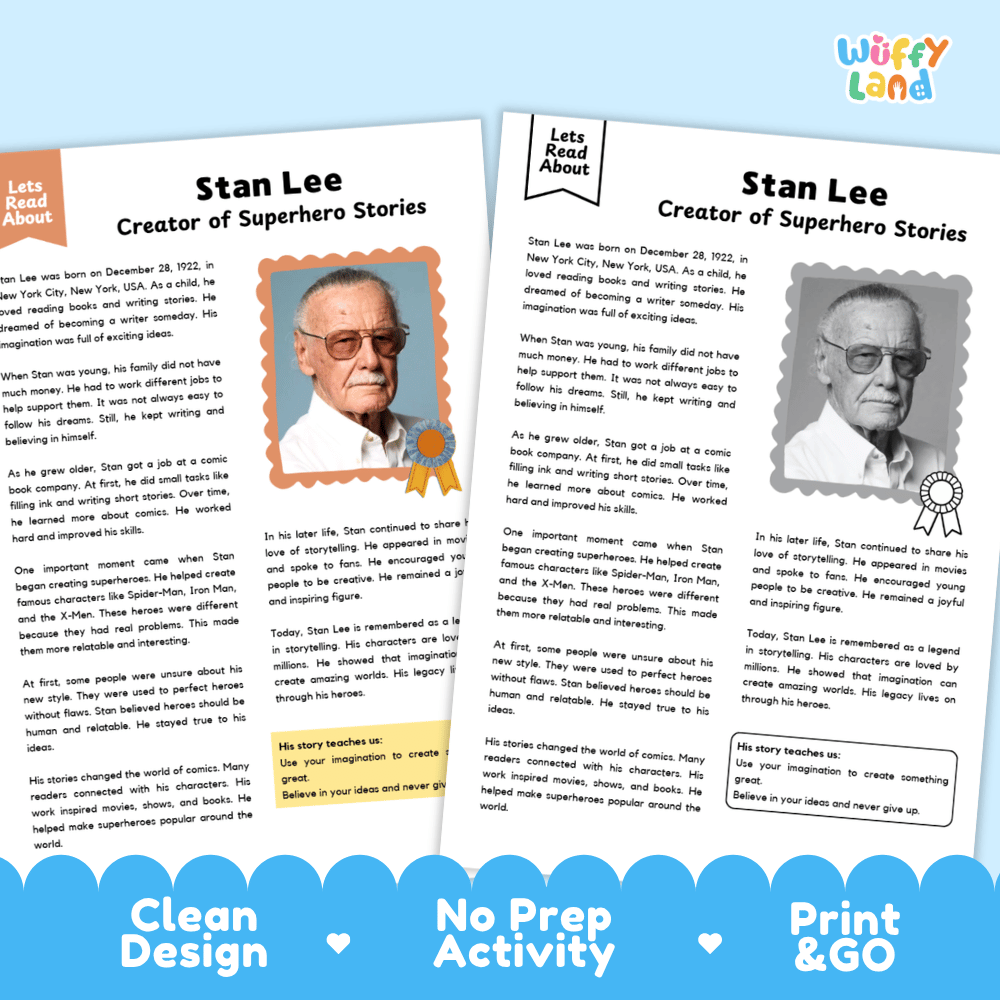 Two educational activity sheets titled 'Stan Lee Creator of Superhero Stories' from the brand Wuffly Land, displayed side-by-side on a white background with a blue decorative footer banner.