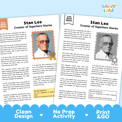 Two educational activity sheets titled 'Stan Lee Creator of Superhero Stories' from the brand Wuffly Land, displayed side-by-side on a white background with a blue decorative footer banner.