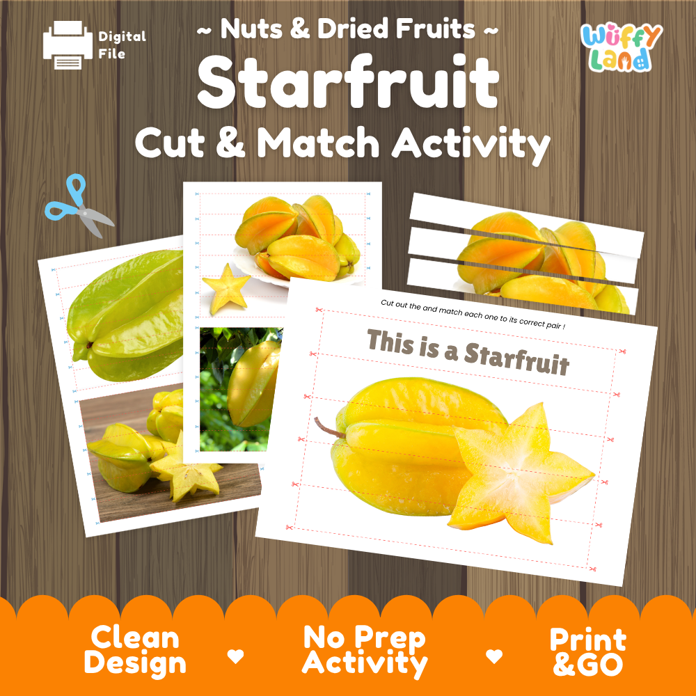 Starfruit cut and match activity cover showing printable fine motor puzzle sheets and fruit photographs