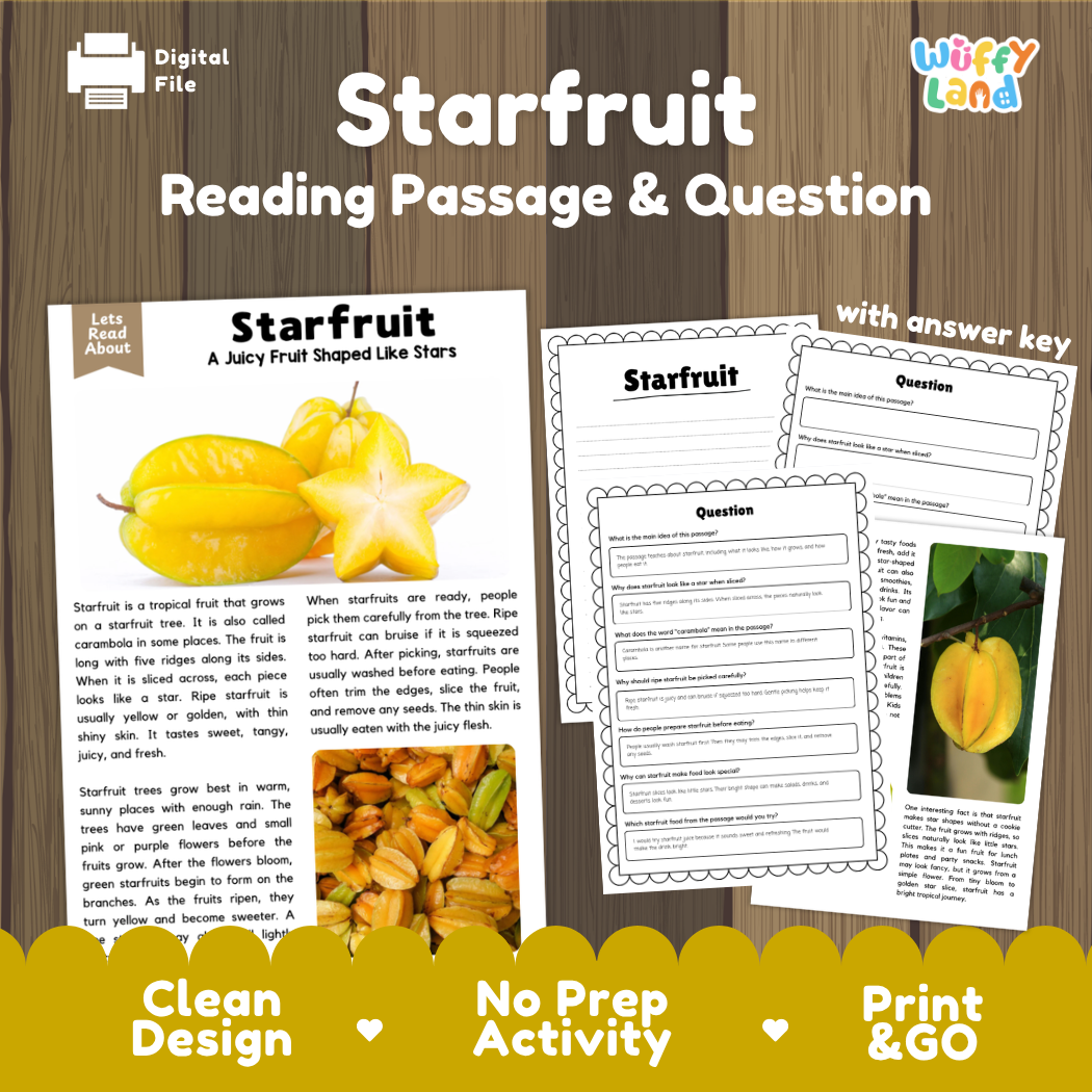 Starfruit reading comprehension passage and questions printable activity pack with answer key for elementary students