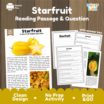 Starfruit reading comprehension passage and questions printable activity pack with answer key for elementary students