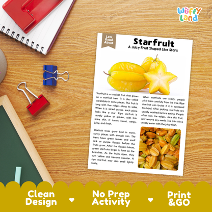 Student reading comprehension worksheet with short-answer questions and lined sections about the starfruit