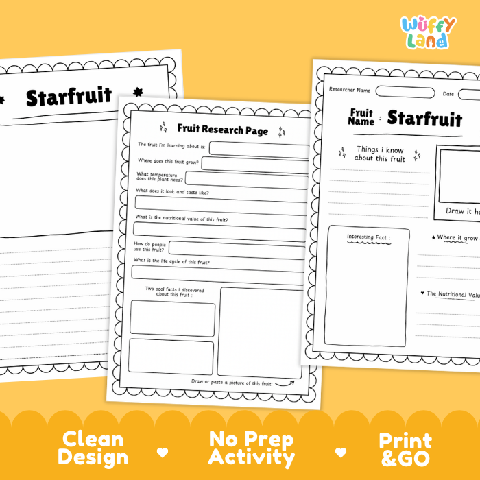 Three printable fruit research activity sheets for kids are displayed on a bright yellow background with decorative text at the bottom. The sheets are titled 'Starfruit' and include writing sections, a fact box, and a drawing area.