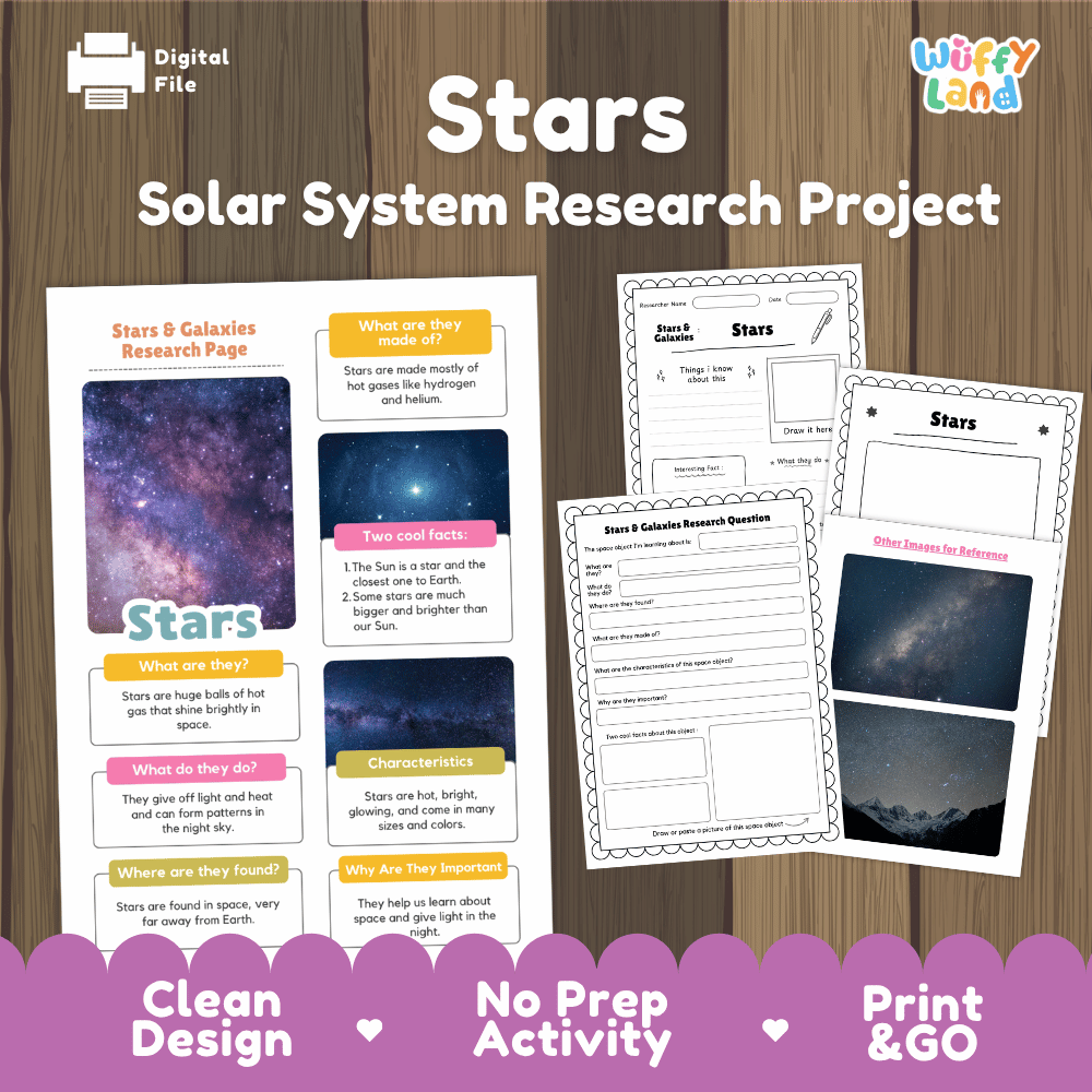 Digital file preview for a 'Stars Solar System Research Project' activity sheet set by Wiffy Land, featuring colorful educational worksheets and a research page on a dark wood background with a purple banner at the bottom.